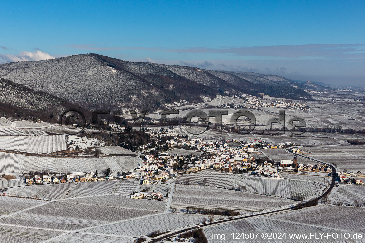 Vue aérienne de Vue aérienne d'hiver dans la neige à Burrweiler dans le département Rhénanie-Palatinat, Allemagne