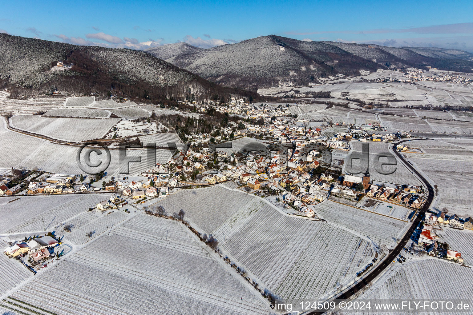 Vue aérienne de Vue aérienne d'hiver dans la neige à Burrweiler dans le département Rhénanie-Palatinat, Allemagne