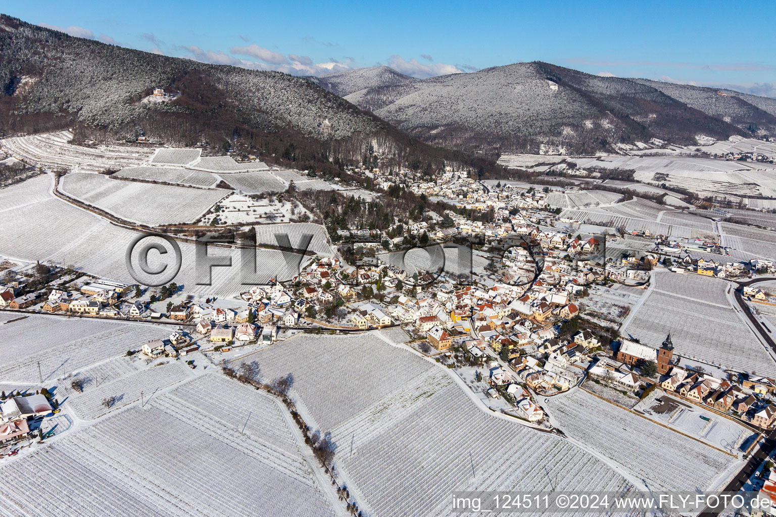 Vue aérienne de Vue aérienne d'hiver dans la neige à Burrweiler dans le département Rhénanie-Palatinat, Allemagne