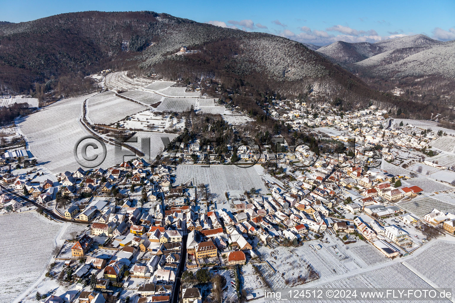 Vue aérienne de Centre du village enneigé en hiver, à la lisière des vignes et des domaines viticoles de la région viticole de la Weinstrasse à Burrweiler dans le département Rhénanie-Palatinat, Allemagne