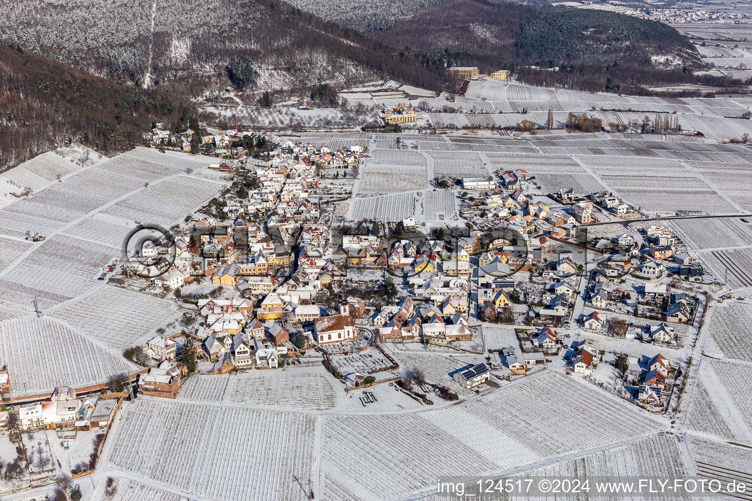 Vue aérienne de Centre du village enneigé en hiver, à la lisière des vignes et des caves viticoles de la région viticole à le quartier Weyher in Weyher in der Pfalz dans le département Rhénanie-Palatinat, Allemagne