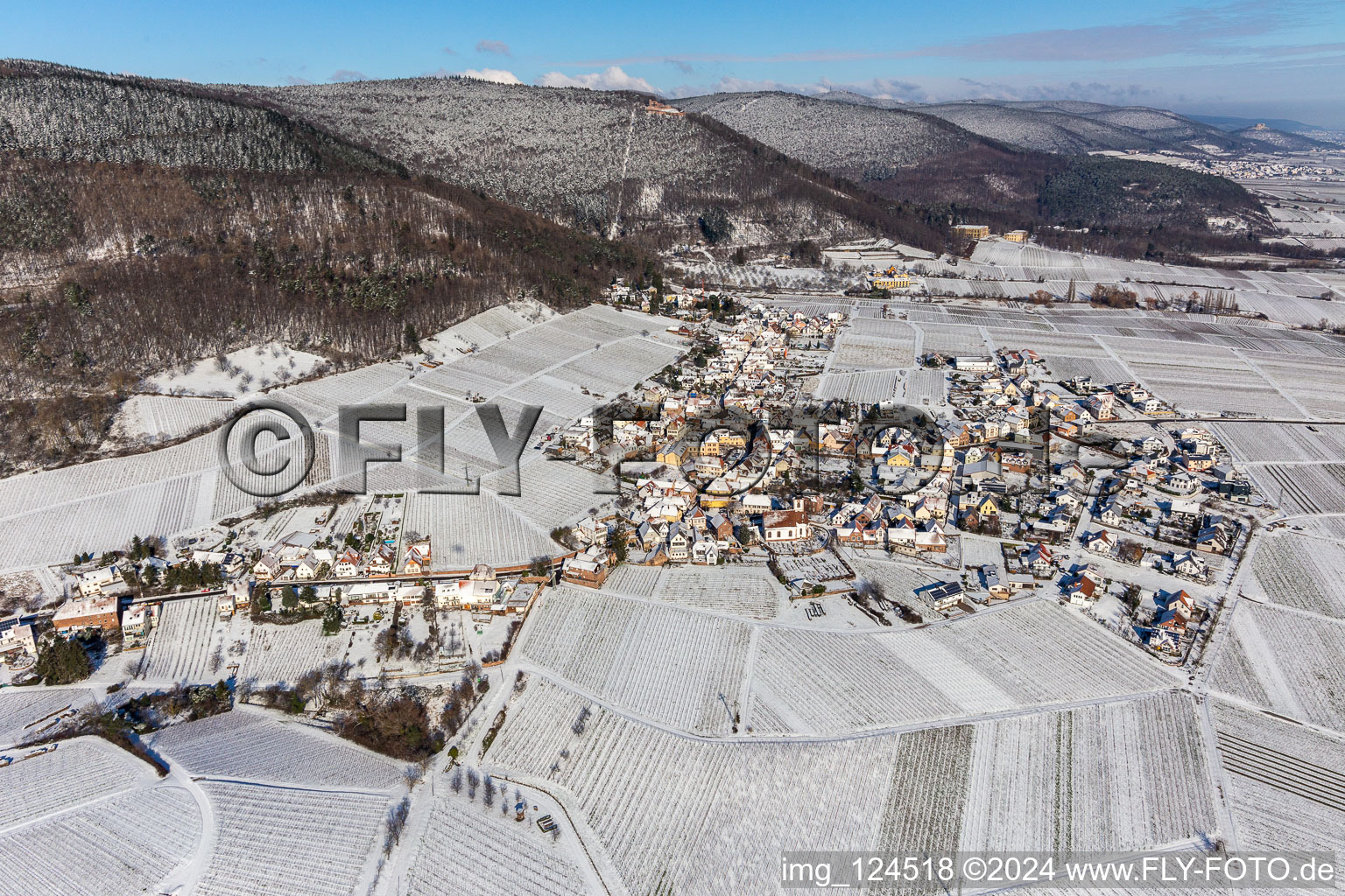 Vue aérienne de Vue aérienne d'hiver dans la neige à le quartier Weyher in Weyher in der Pfalz dans le département Rhénanie-Palatinat, Allemagne