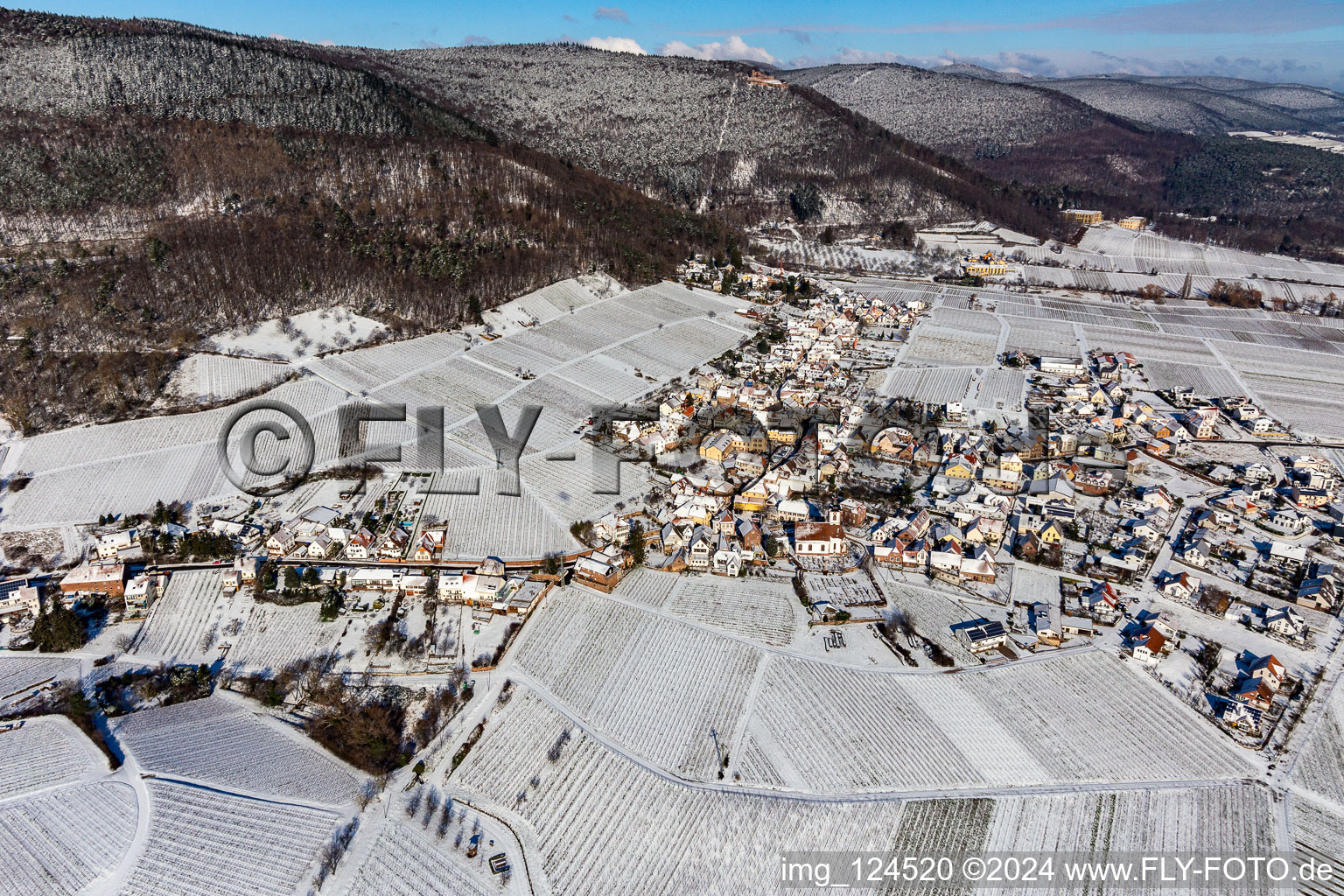 Vue aérienne de Vue aérienne d'hiver dans la neige à le quartier Weyher in Weyher in der Pfalz dans le département Rhénanie-Palatinat, Allemagne