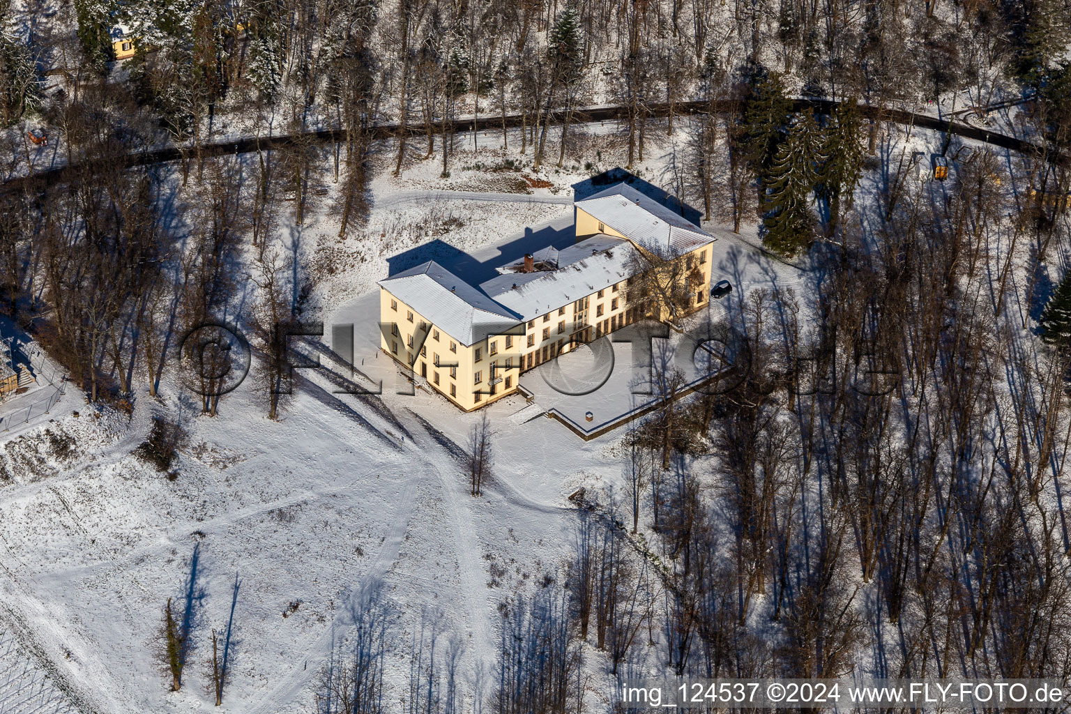 Vue aérienne de Château de la Villa Ludwigshöhe enneigé en hiver à Edenkoben dans le département Rhénanie-Palatinat, Allemagne