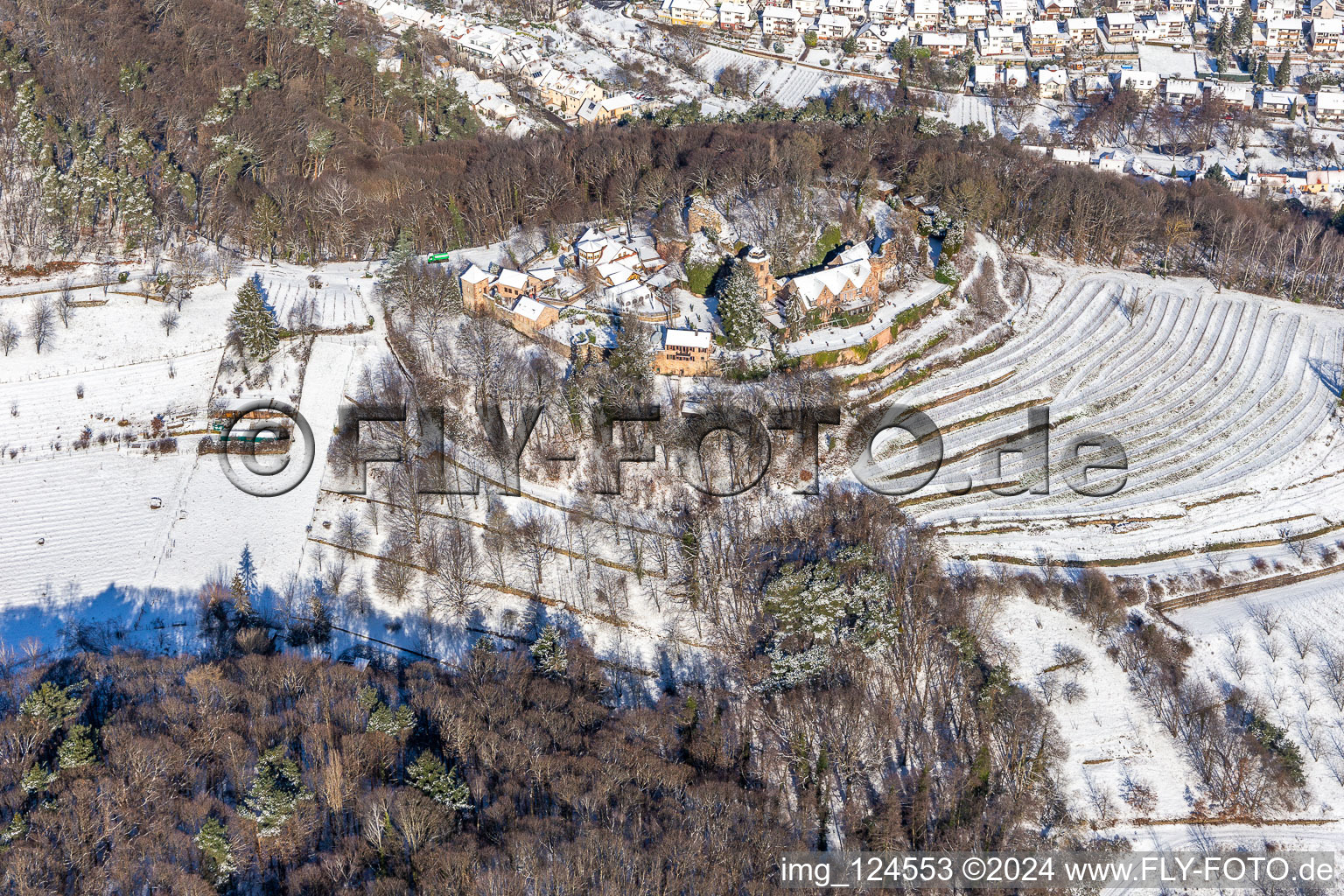 Vue aérienne de Vue aérienne d'hiver dans la neige du château de Kropsburg à le quartier SaintMartin in Sankt Martin dans le département Rhénanie-Palatinat, Allemagne