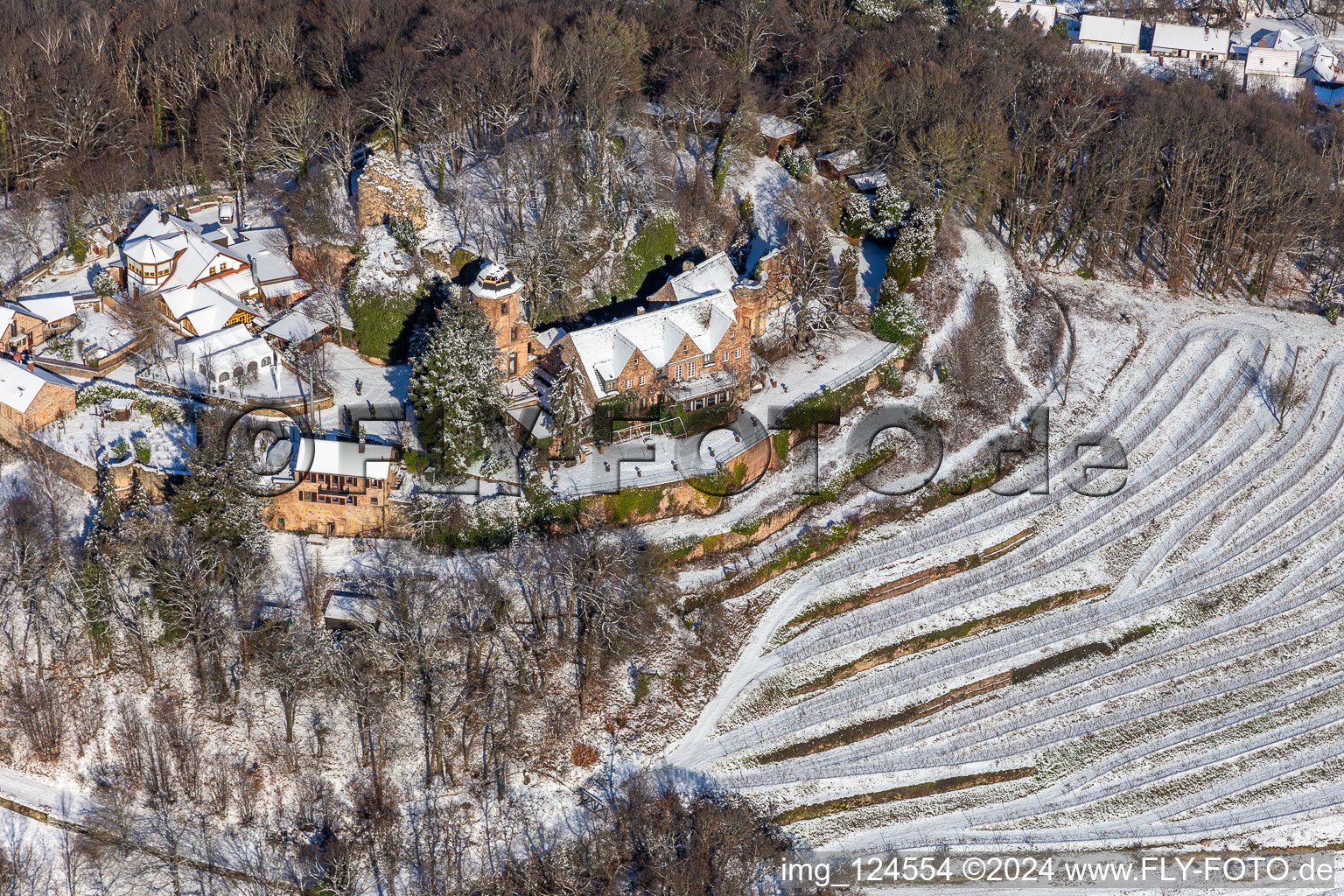 Vue aérienne de Vue aérienne d'hiver dans la neige du château de Kropsburg à le quartier SaintMartin in Sankt Martin dans le département Rhénanie-Palatinat, Allemagne