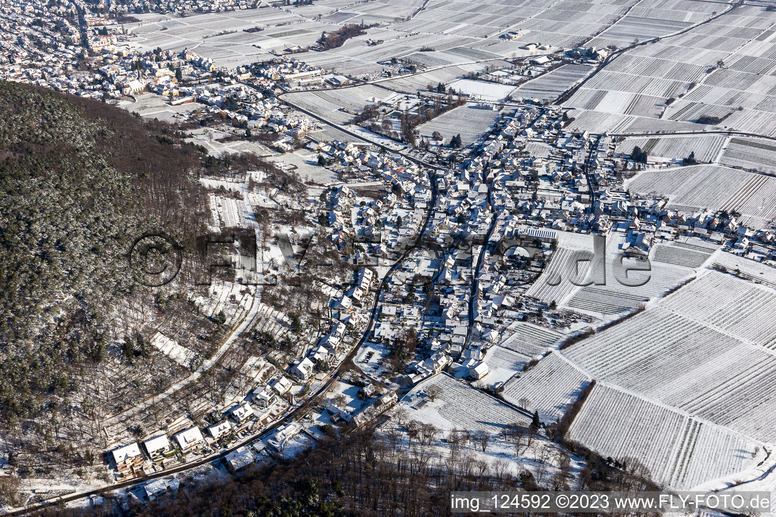 Vue aérienne de Vue aérienne d'hiver dans la neige à le quartier Hambach an der Weinstraße in Neustadt an der Weinstraße dans le département Rhénanie-Palatinat, Allemagne