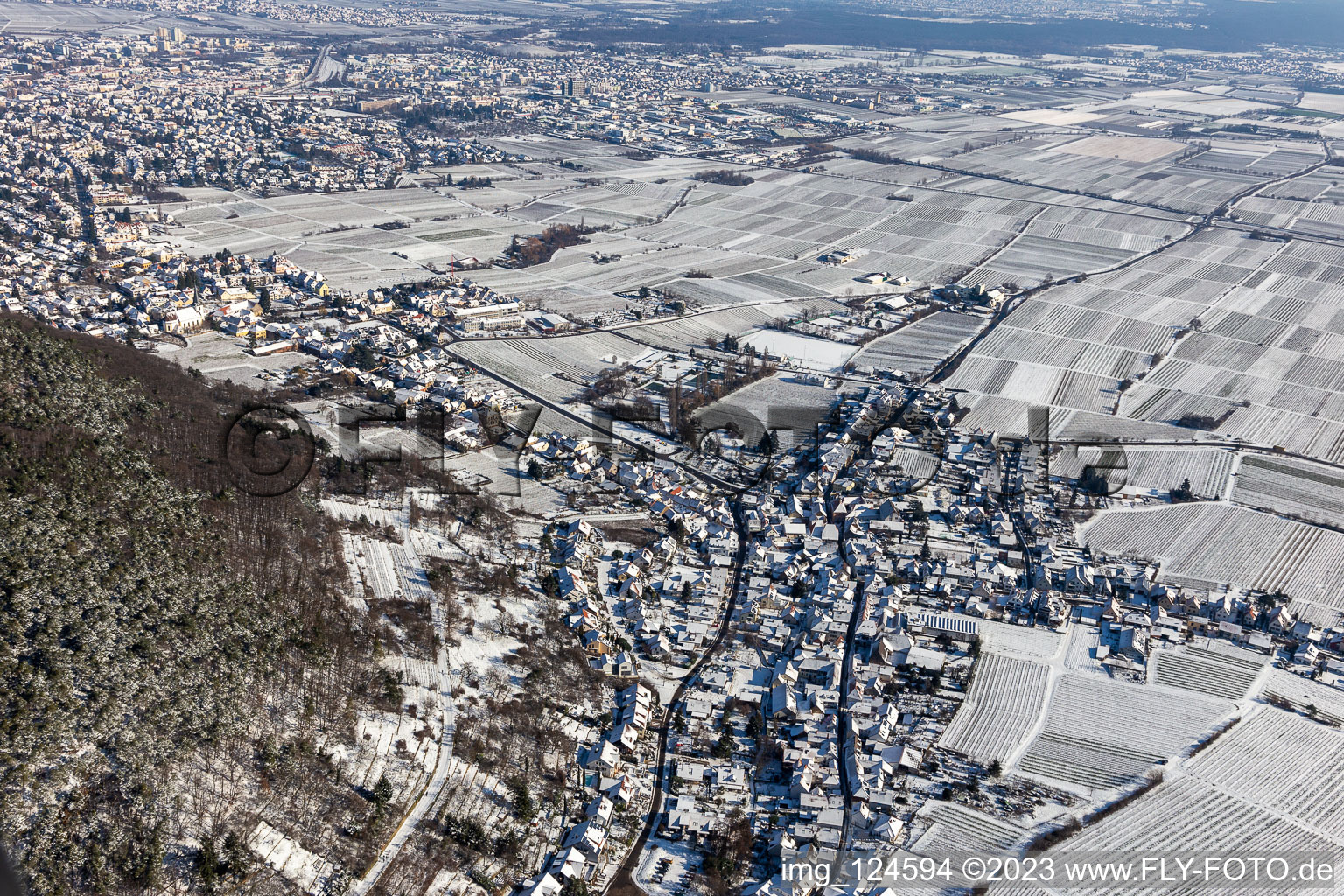 Vue aérienne de Vue aérienne d'hiver dans la neige à le quartier Hambach an der Weinstraße in Neustadt an der Weinstraße dans le département Rhénanie-Palatinat, Allemagne