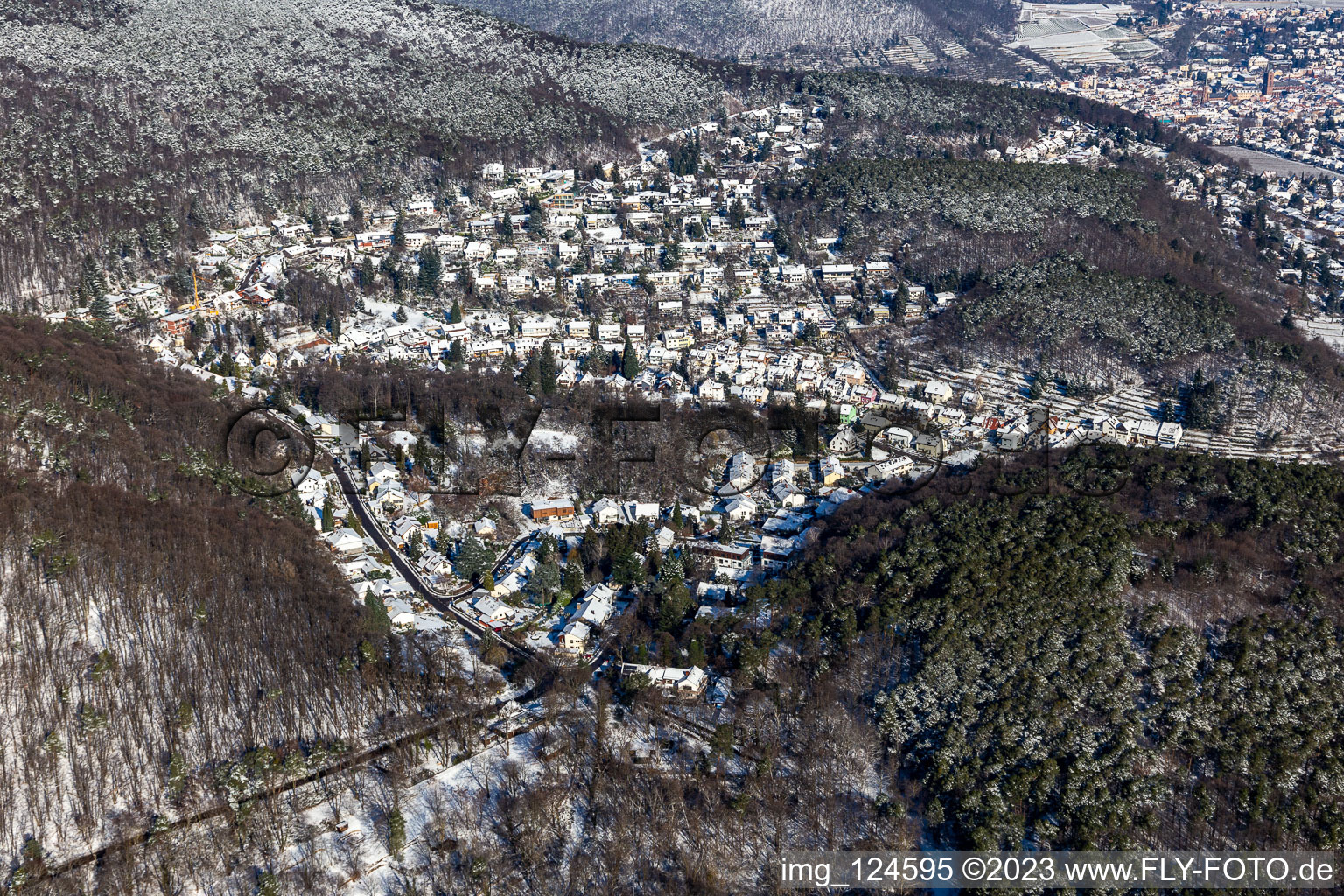 Vue aérienne de Vue aérienne d'hiver dans la neige au Triftbrunnenweg à le quartier Hambach an der Weinstraße in Neustadt an der Weinstraße dans le département Rhénanie-Palatinat, Allemagne