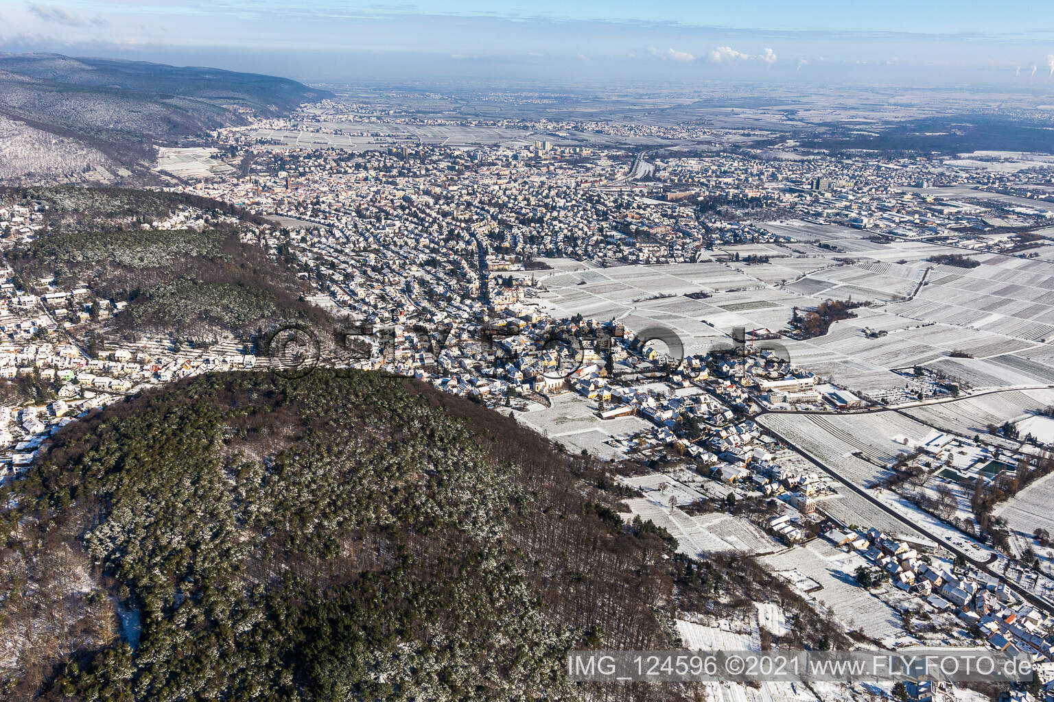 Vue aérienne de Vue aérienne d'hiver dans la neige à Neustadt an der Weinstraße dans le département Rhénanie-Palatinat, Allemagne