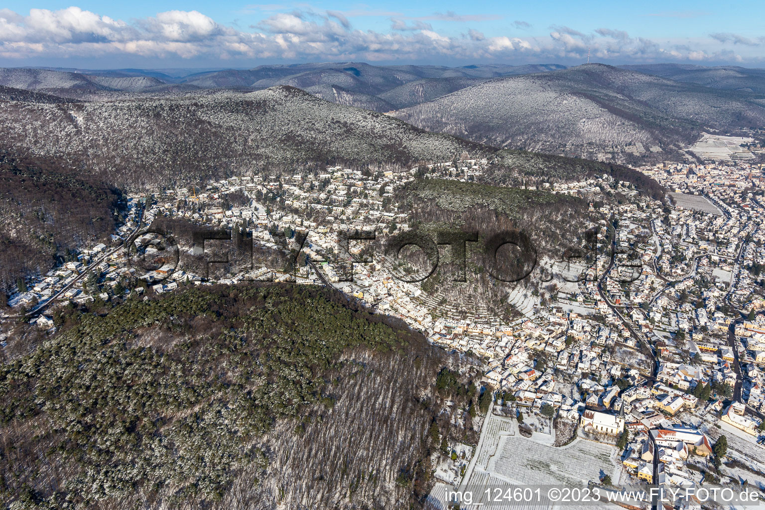 Vue aérienne de Vue aérienne d'hiver dans la neige au Triftbrunnenweg à le quartier Hambach an der Weinstraße in Neustadt an der Weinstraße dans le département Rhénanie-Palatinat, Allemagne