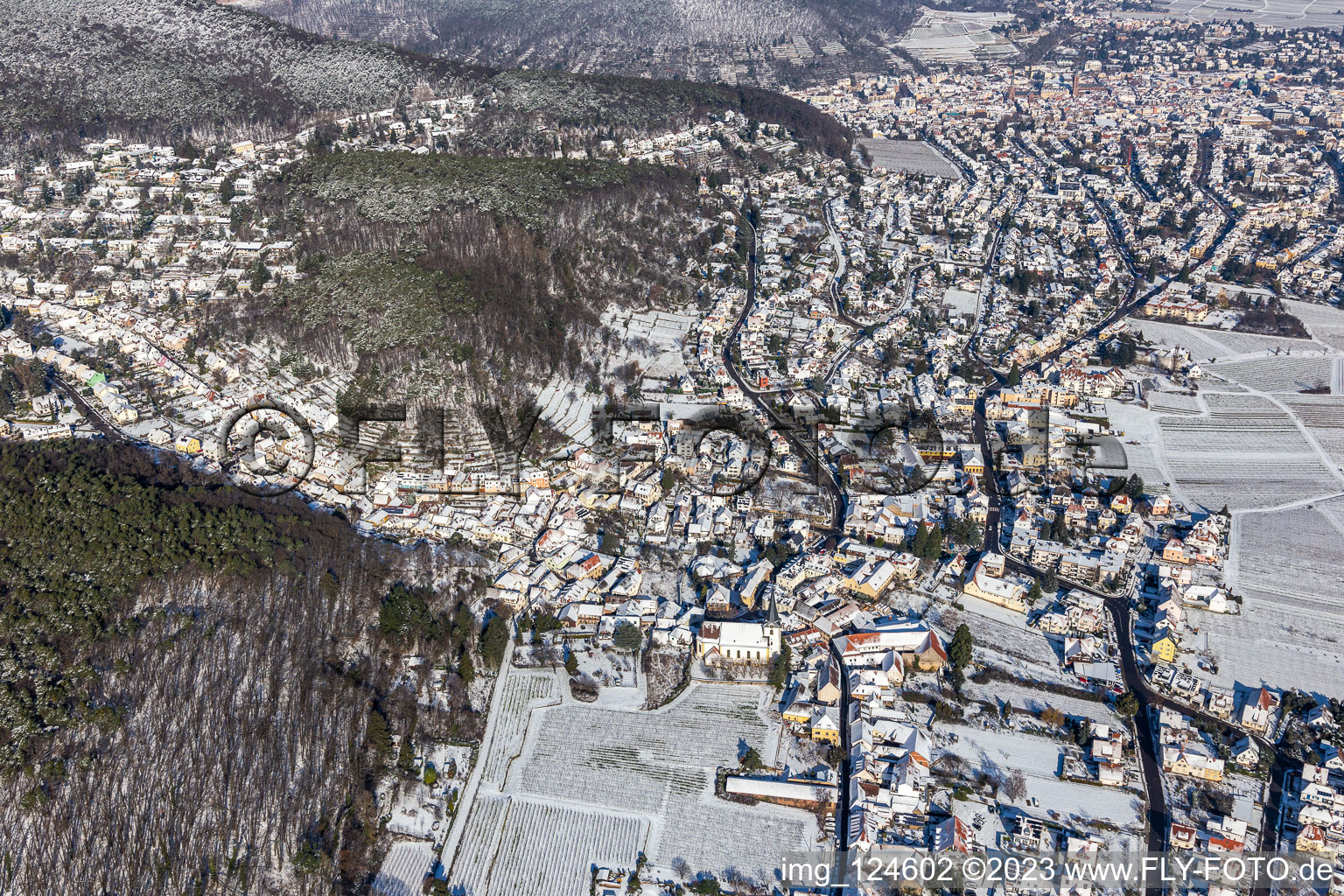 Vue aérienne de Vue aérienne d'hiver dans la neige à le quartier Hambach an der Weinstraße in Neustadt an der Weinstraße dans le département Rhénanie-Palatinat, Allemagne