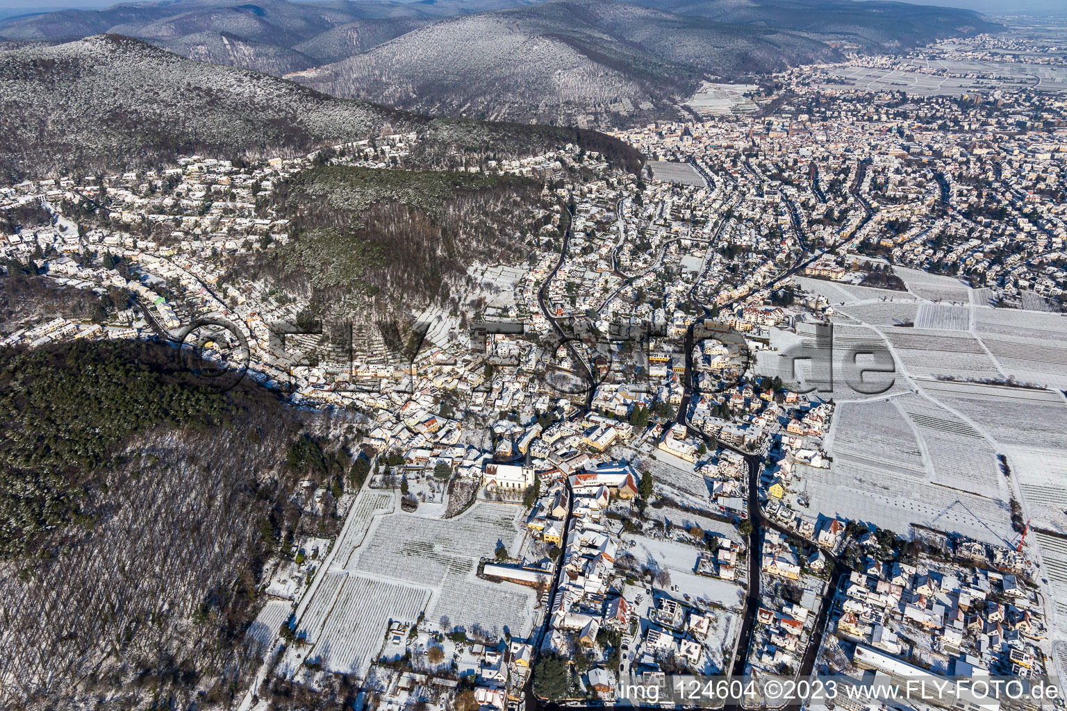 Vue aérienne de Vue aérienne d'hiver dans la neige à le quartier Hambach an der Weinstraße in Neustadt an der Weinstraße dans le département Rhénanie-Palatinat, Allemagne