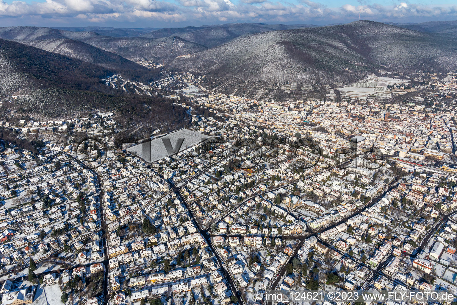 Vue aérienne de Vue aérienne d'hiver dans la neige à Neustadt an der Weinstraße dans le département Rhénanie-Palatinat, Allemagne