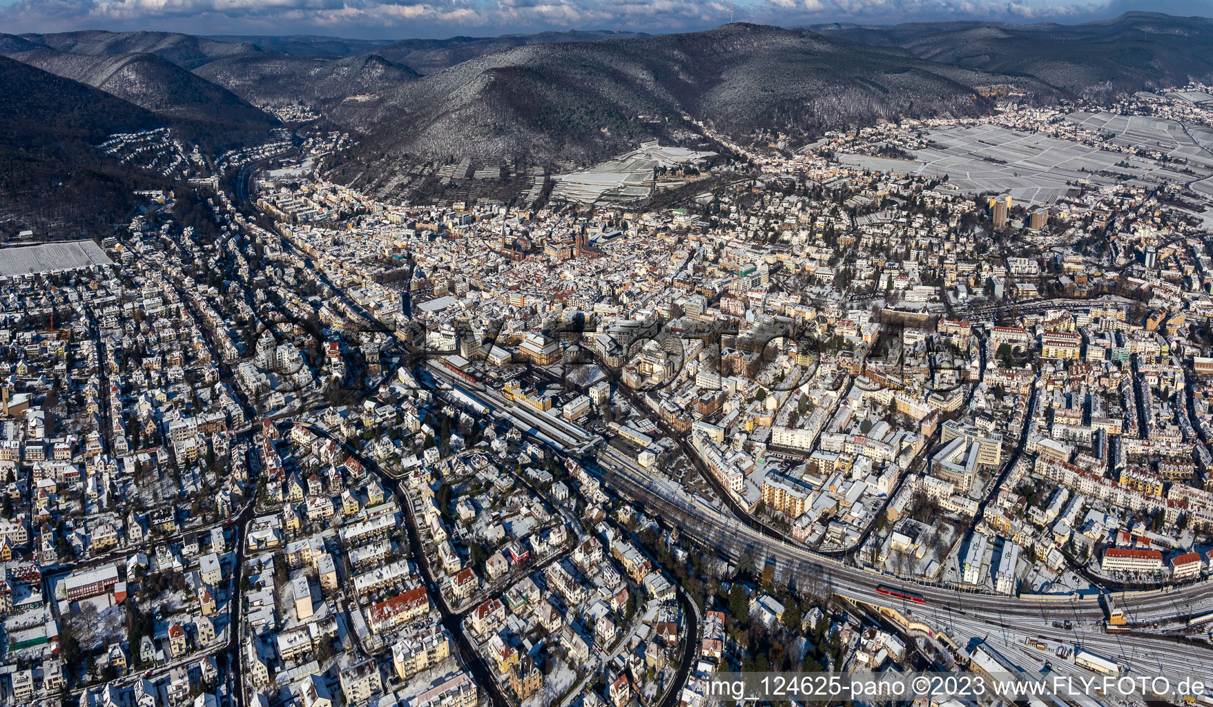 Vue aérienne de Vue aérienne d'hiver dans la neige à Neustadt an der Weinstraße dans le département Rhénanie-Palatinat, Allemagne