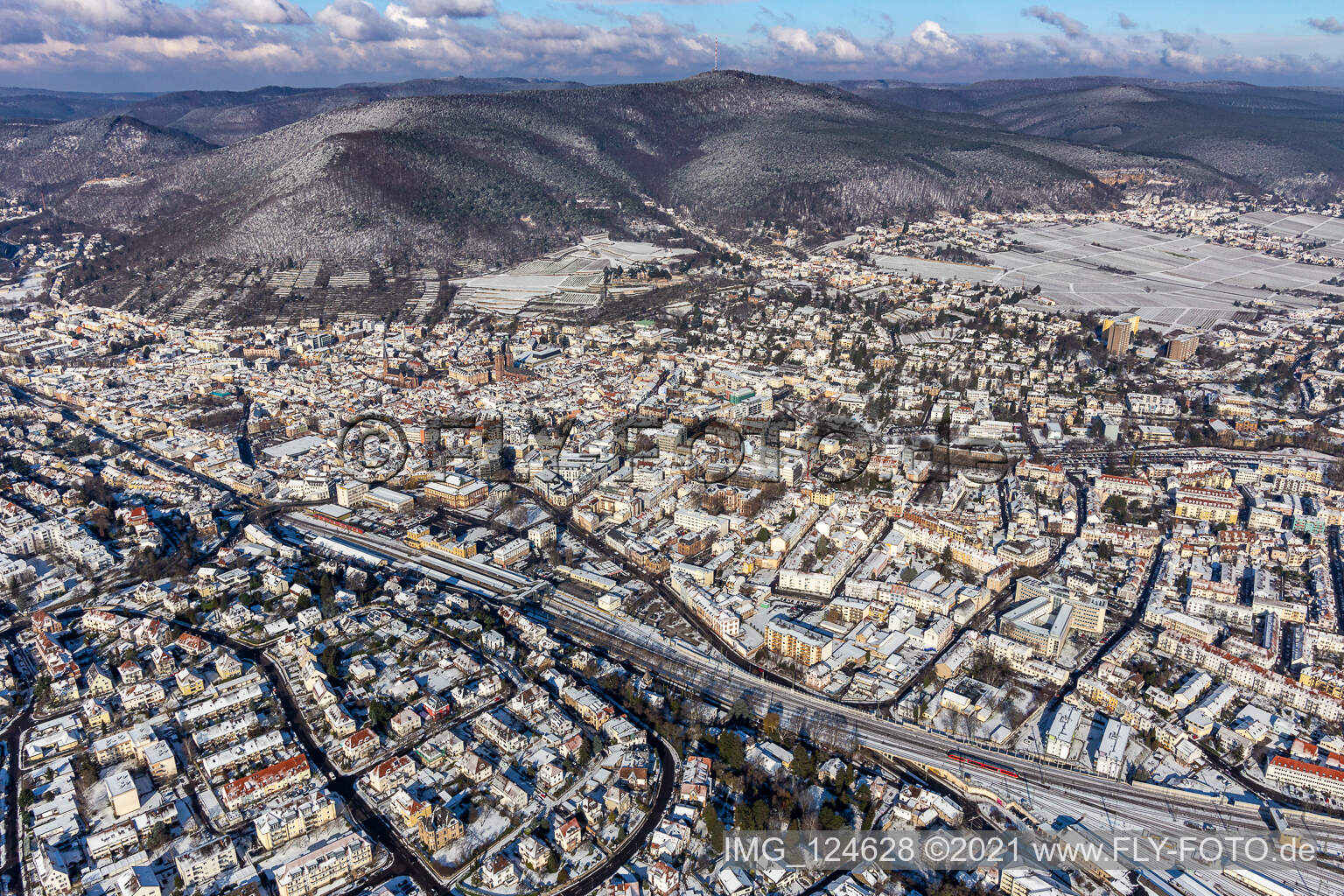 Vue aérienne de Vue aérienne d'hiver dans la neige à Neustadt an der Weinstraße dans le département Rhénanie-Palatinat, Allemagne