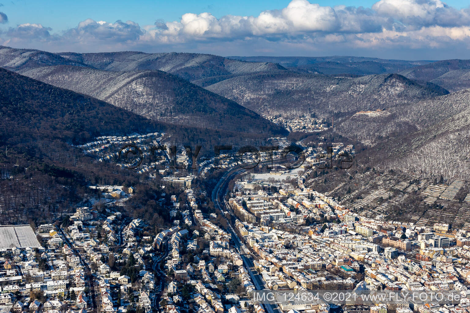 Vue aérienne de Vue aérienne d'hiver dans la neige Speyerbachtal vers Schöntal à Neustadt an der Weinstraße dans le département Rhénanie-Palatinat, Allemagne