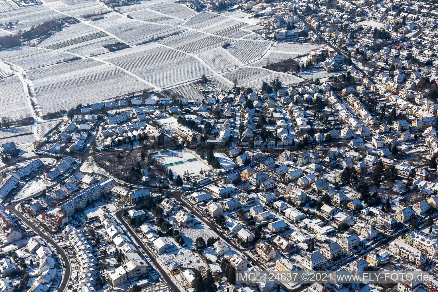 Vue aérienne de Vue aérienne d'hiver dans le chemin de la prairie verte enneigée à Neustadt an der Weinstraße dans le département Rhénanie-Palatinat, Allemagne