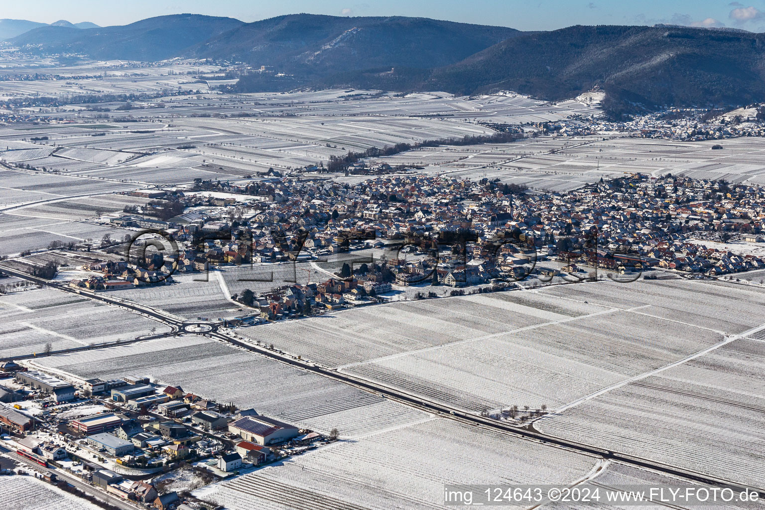 Vue aérienne de Vue aérienne d'hiver dans la neige à le quartier Alsterweiler in Maikammer dans le département Rhénanie-Palatinat, Allemagne