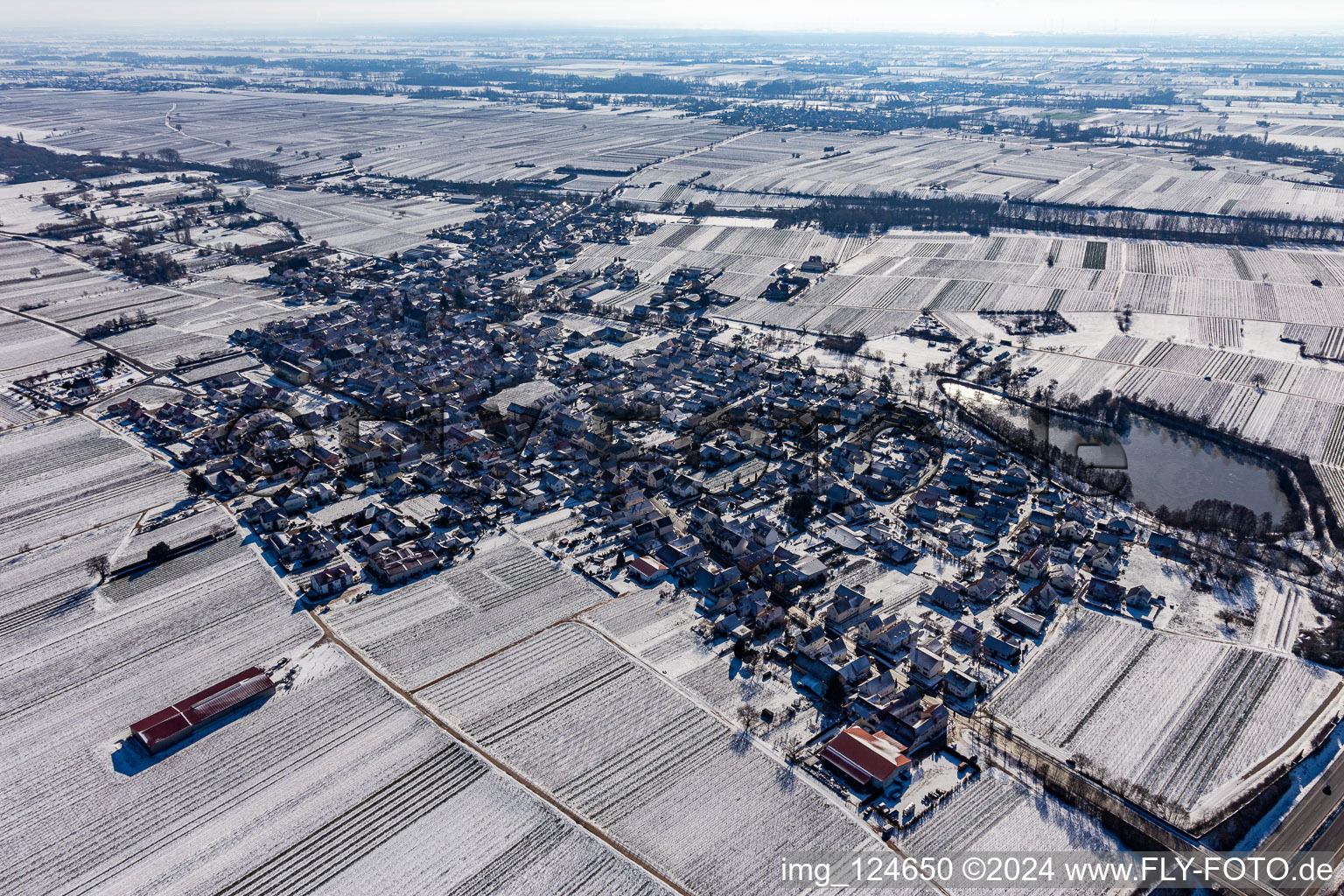 Vue aérienne de Vue aérienne d'hiver dans la neige avec un étang de château à Kirrweiler dans le département Rhénanie-Palatinat, Allemagne