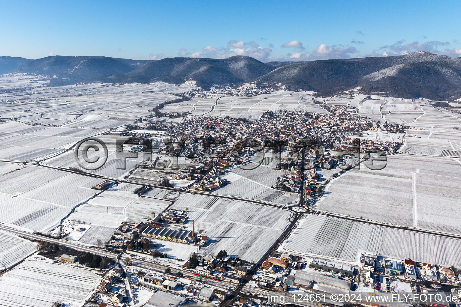 Vue aérienne de Vue aérienne d'hiver dans la neige à le quartier Alsterweiler in Maikammer dans le département Rhénanie-Palatinat, Allemagne