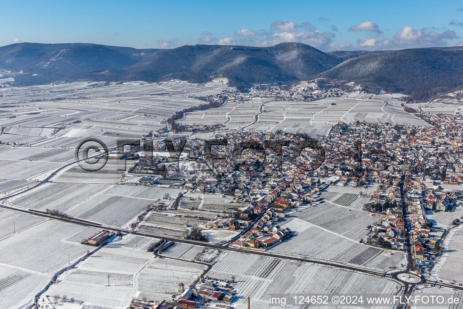 Vue aérienne de Vue aérienne d'hiver dans la neige à Maikammer dans le département Rhénanie-Palatinat, Allemagne