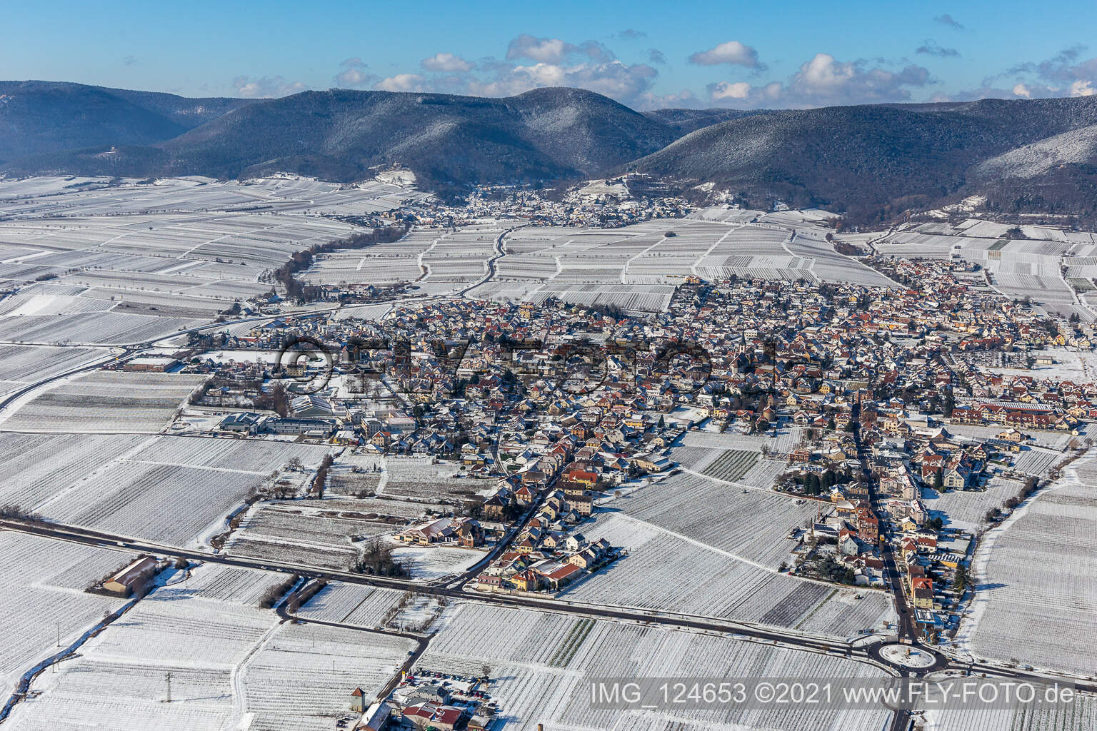 Vue aérienne de Vignobles enneigés en hiver à Maikammer dans le département Rhénanie-Palatinat, Allemagne