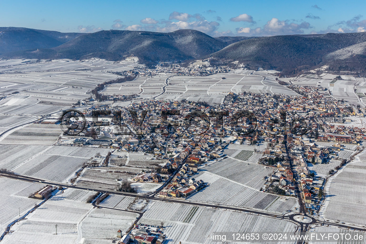 Vue aérienne de Vignobles enneigés en hiver à le quartier Alsterweiler in Maikammer dans le département Rhénanie-Palatinat, Allemagne