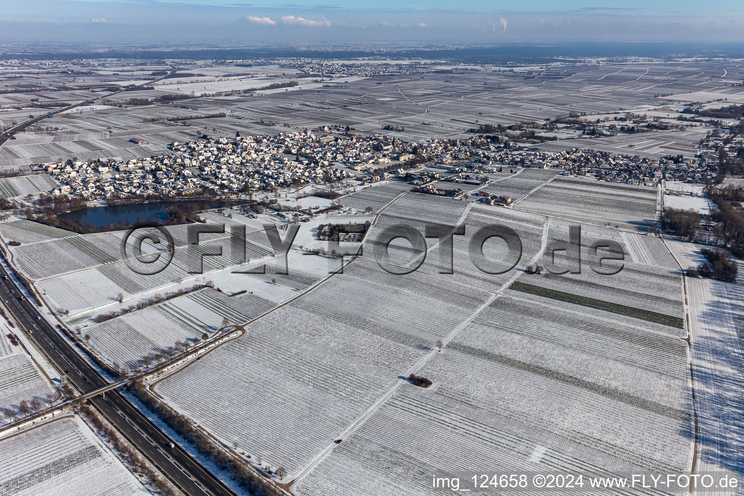 Vue aérienne de Vue aérienne d'hiver dans la neige avec un étang de château à Kirrweiler dans le département Rhénanie-Palatinat, Allemagne