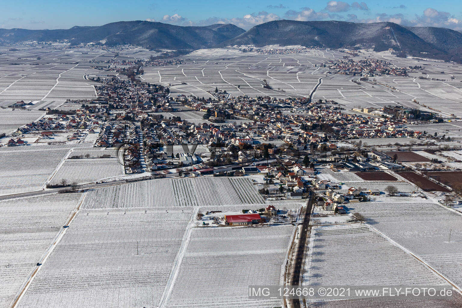 Vue aérienne de Vue aérienne d'hiver dans la neige à Edesheim dans le département Rhénanie-Palatinat, Allemagne