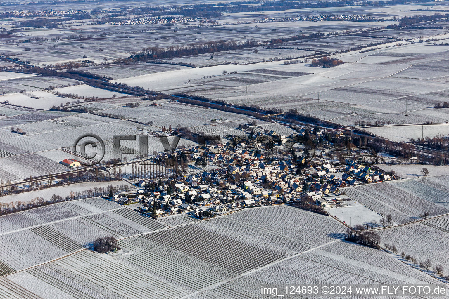 Vue aérienne de Champs agricoles et terres agricoles enneigés en hiver à Knöringen dans le département Rhénanie-Palatinat, Allemagne