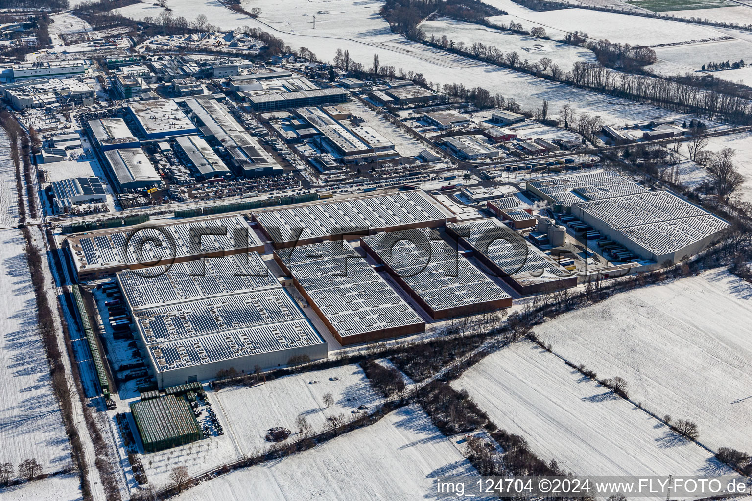 Vue aérienne de Zone industrielle et commerciale hivernale et enneigée de Landau Ost avec Michelin Reifenwerke et APL Automobil-Prüftechnik Landau GmbH à Landau in der Pfalz dans le département Rhénanie-Palatinat, Allemagne