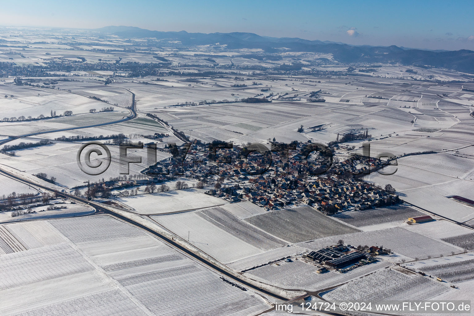 Vue aérienne de Vue aérienne d'hiver dans la neige à Impflingen dans le département Rhénanie-Palatinat, Allemagne