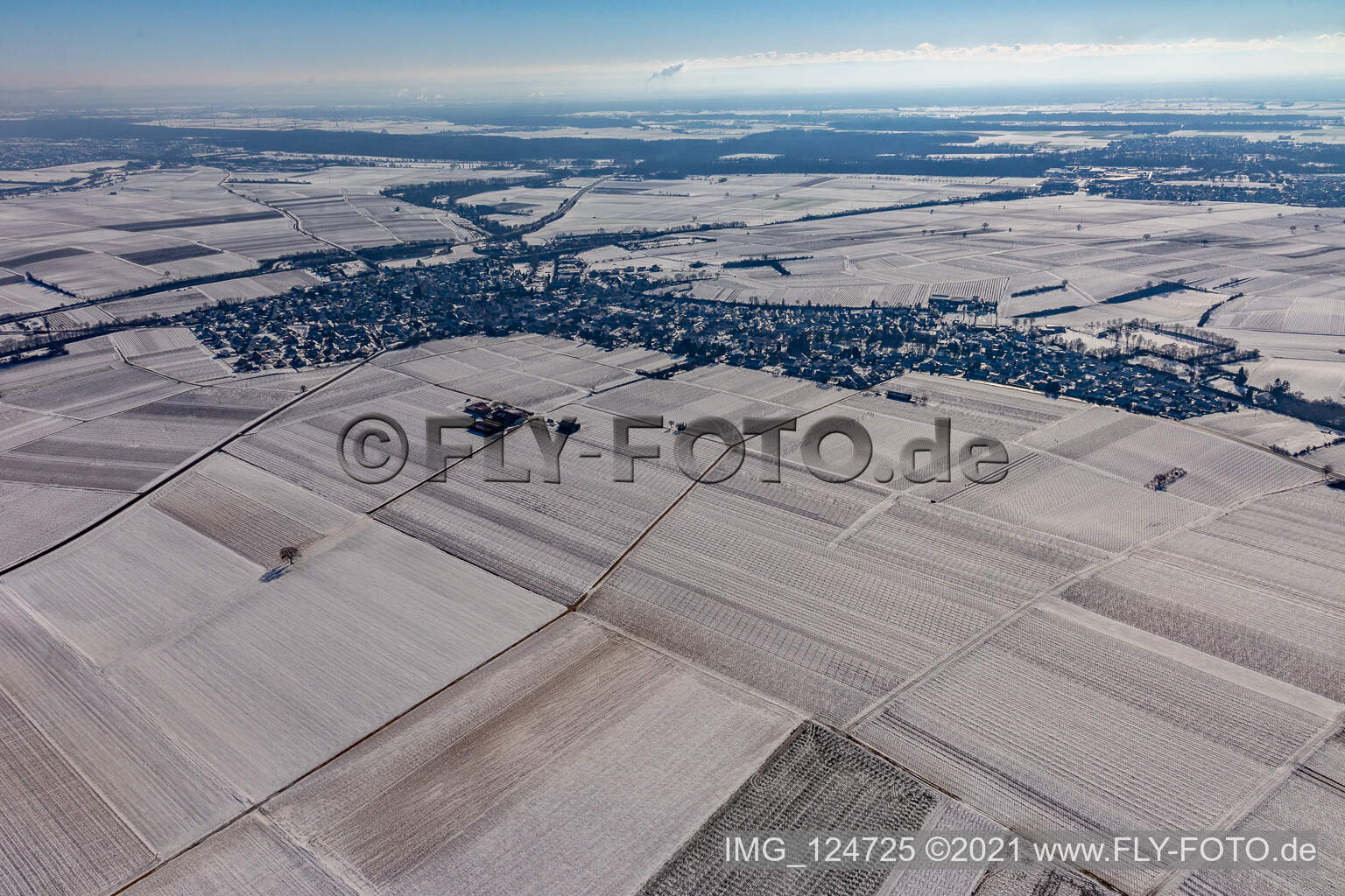 Vue aérienne de Vue aérienne d'hiver dans la neige à Insheim dans le département Rhénanie-Palatinat, Allemagne