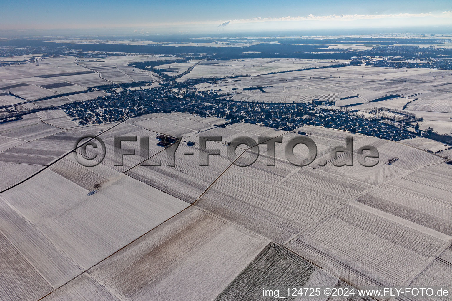 Vue aérienne de Vue aérienne d'hiver dans la neige à Insheim dans le département Rhénanie-Palatinat, Allemagne