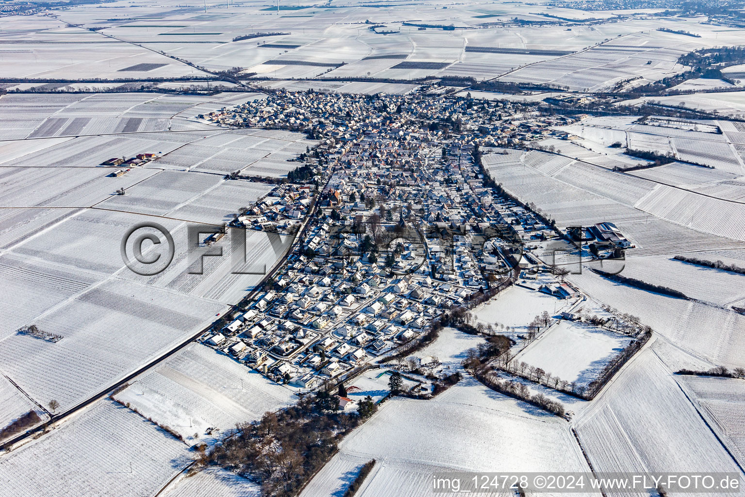 Vue aérienne de Vue aérienne d'hiver dans la neige à Insheim dans le département Rhénanie-Palatinat, Allemagne