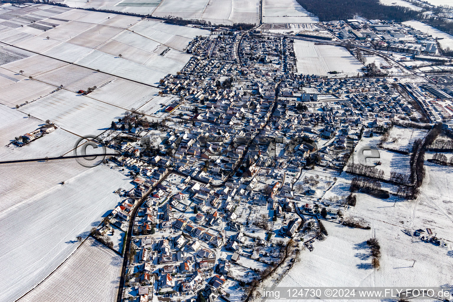 Vue aérienne de Vue aérienne d'hiver dans la neige à Rohrbach dans le département Rhénanie-Palatinat, Allemagne