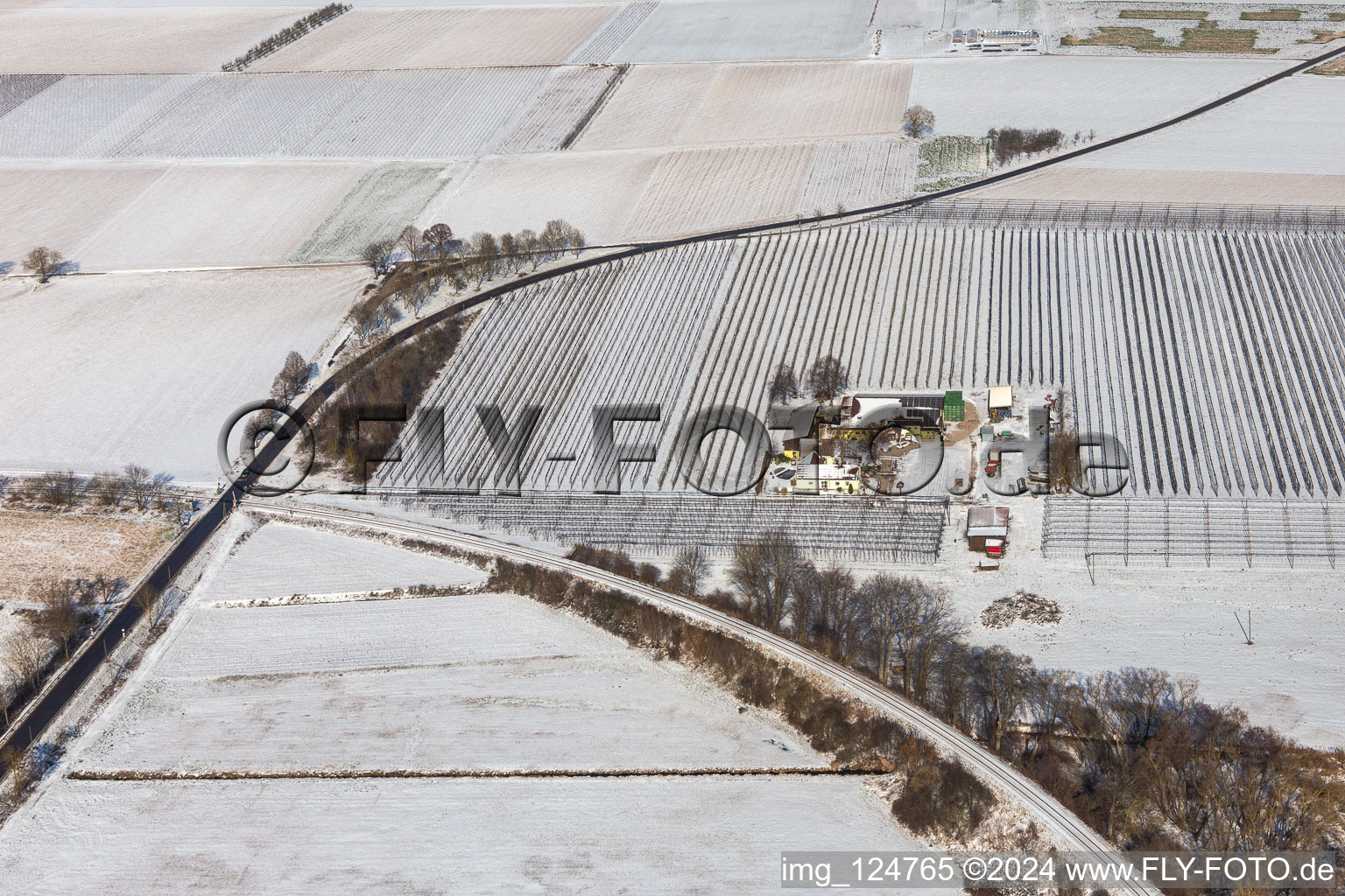 Vue aérienne de Vue aérienne d'hiver dans la neige de la ferme d'asperges et de fruits de Gensheimer à Steinweiler dans le département Rhénanie-Palatinat, Allemagne