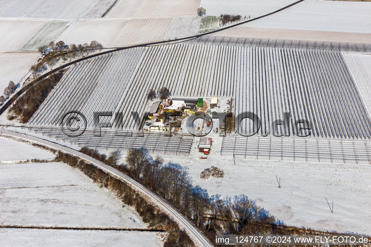 Vue aérienne de Vue aérienne d'hiver dans la neige de la ferme d'asperges et de fruits de Gensheimer à Steinweiler dans le département Rhénanie-Palatinat, Allemagne