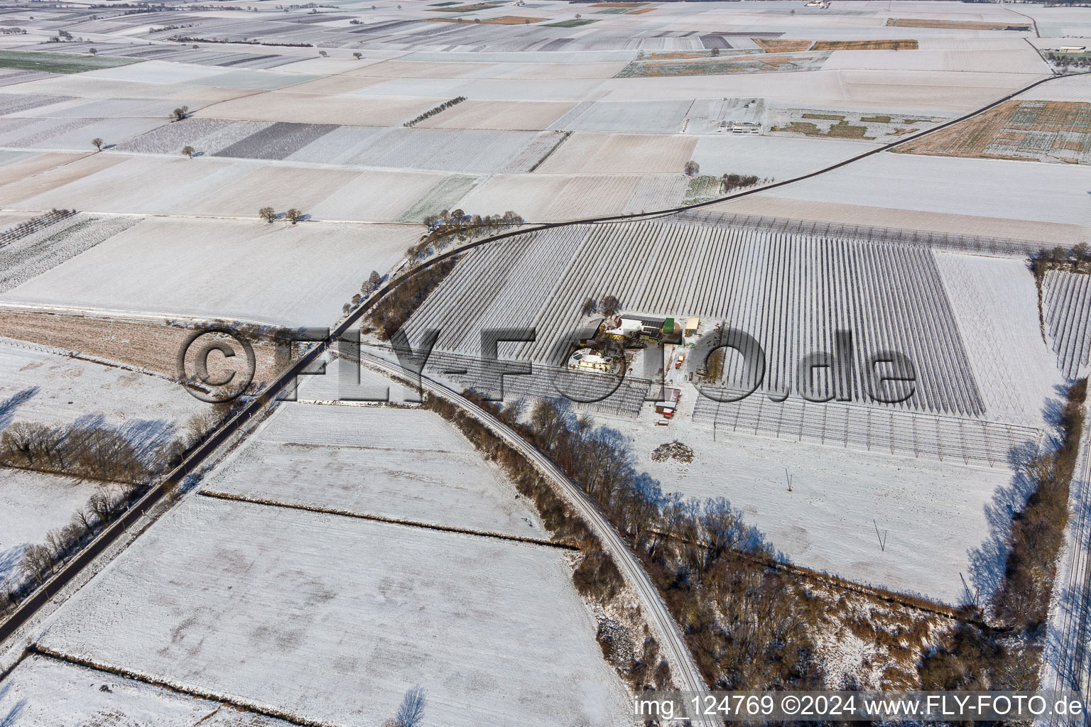 Vue aérienne de Vue aérienne d'hiver dans la neige de la ferme d'asperges et de fruits de Gensheimer à Steinweiler dans le département Rhénanie-Palatinat, Allemagne