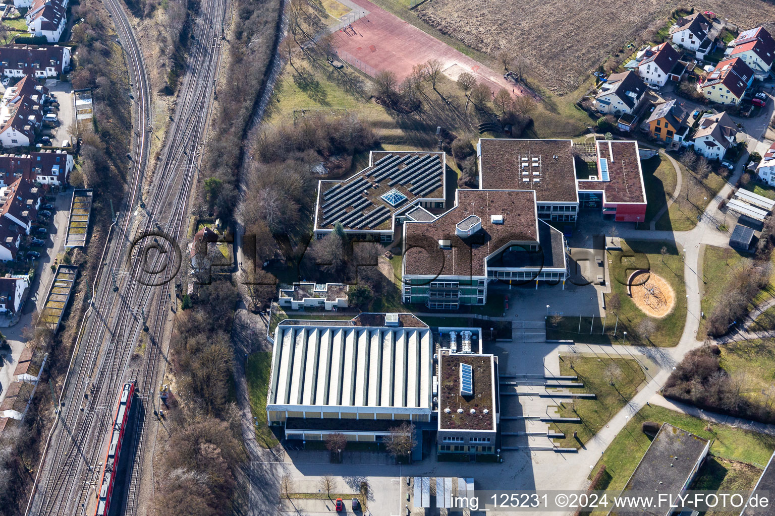 Vue aérienne de Gymnase Andreae, Markweghalle à Herrenberg dans le département Bade-Wurtemberg, Allemagne