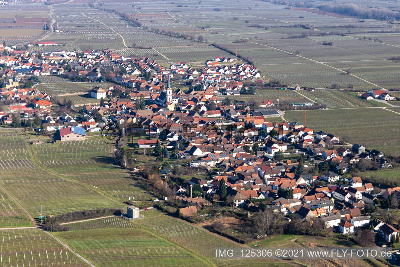 Edesheim dans le département Rhénanie-Palatinat, Allemagne depuis l'avion