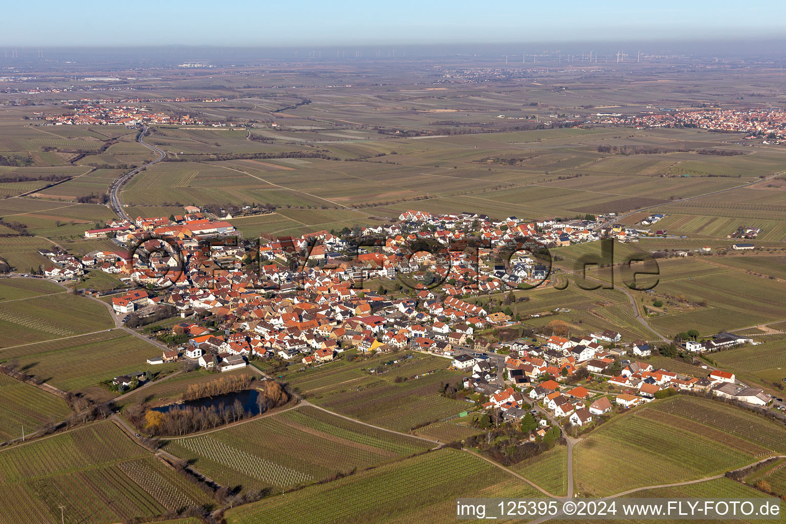 Vue aérienne de Vue sur la ville depuis le centre-ville avec la périphérie adjacente aux champs agricoles à Kallstadt dans le département Rhénanie-Palatinat, Allemagne