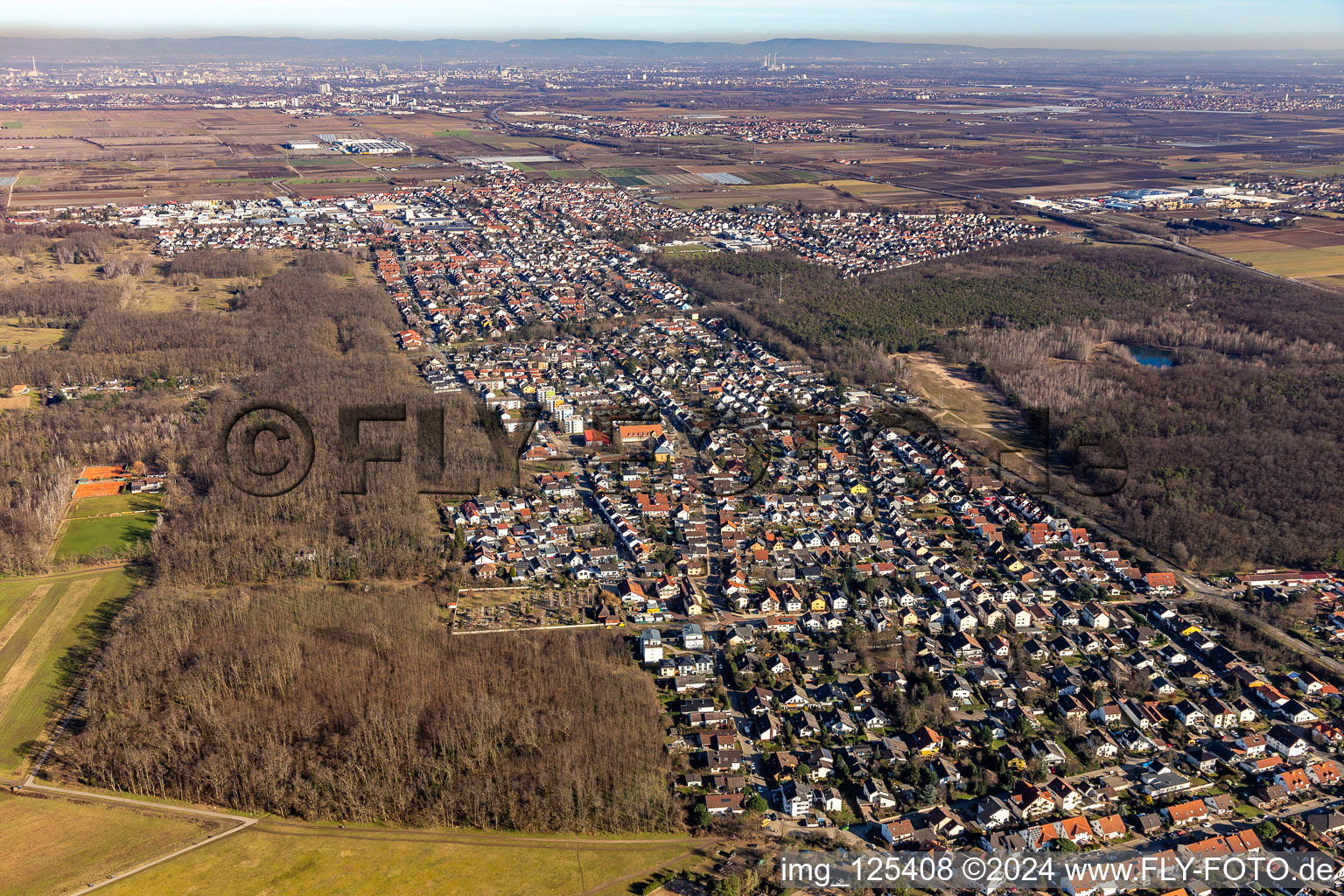 Vue aérienne de Zone urbaine avec périphérie et centre-ville à Maxdorf à Birkenheide dans le département Rhénanie-Palatinat, Allemagne