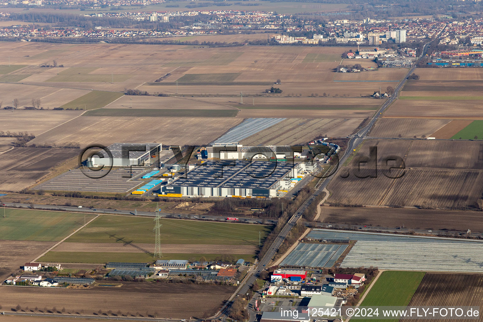 Vue aérienne de Complexe immobilier et terrain du centre logistique d'Amazon Logistik Frankenthal GmbH à le quartier Eppstein in Frankenthal dans le département Rhénanie-Palatinat, Allemagne