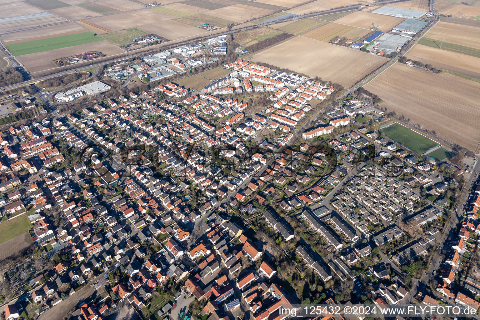 Vue aérienne de Rue Oggersheimer à le quartier Ruchheim in Ludwigshafen am Rhein dans le département Rhénanie-Palatinat, Allemagne