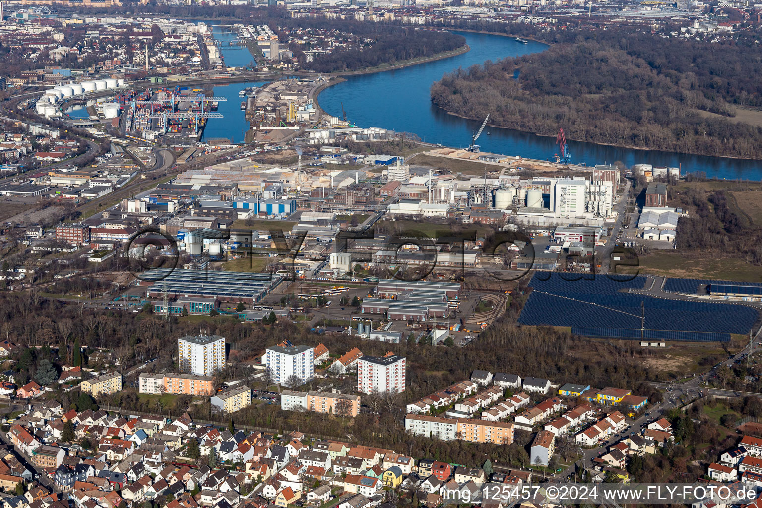 Vue aérienne de Zone industrielle et commerciale à le quartier Rheingönheim in Ludwigshafen am Rhein dans le département Rhénanie-Palatinat, Allemagne