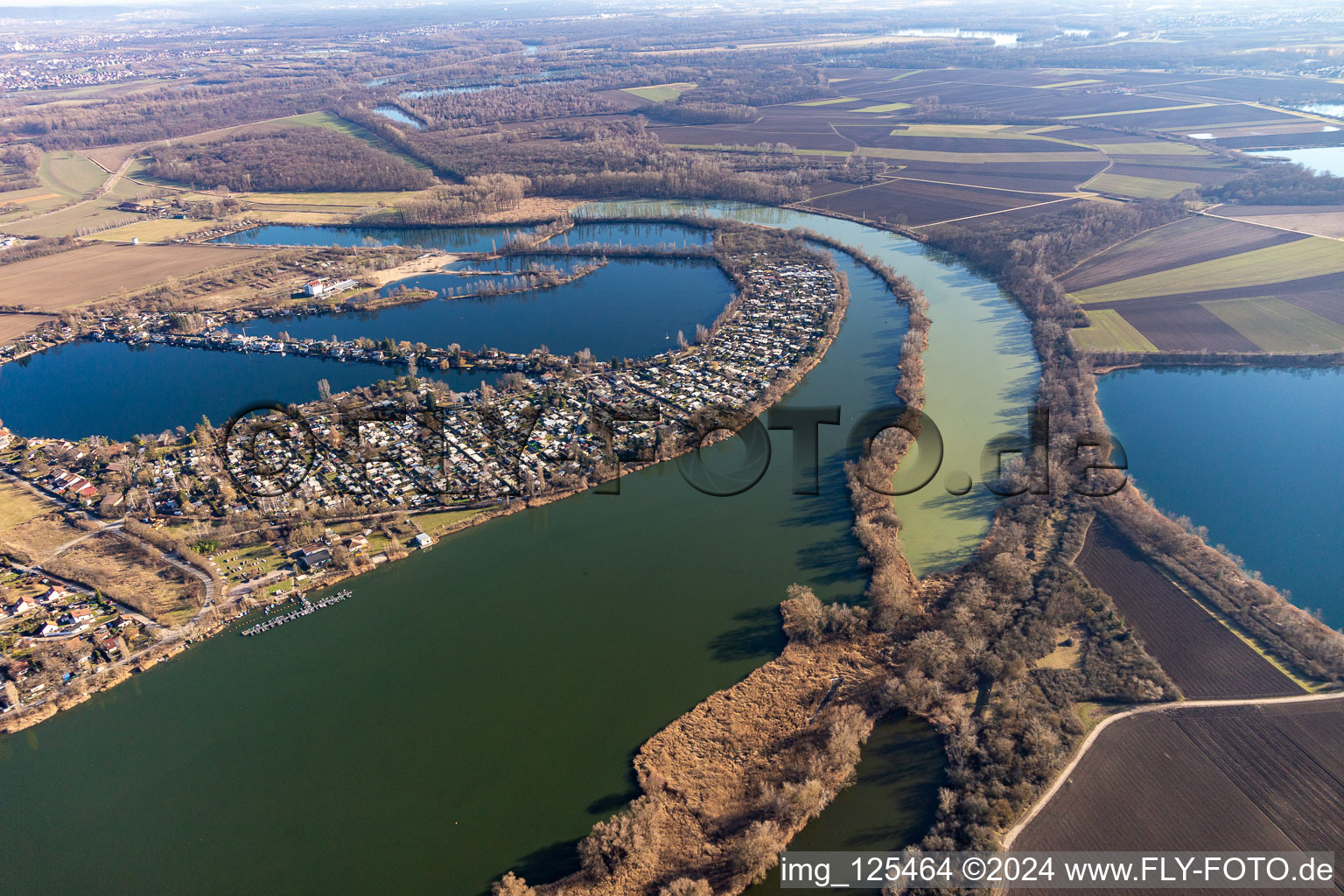 Vue aérienne de Zones riveraines de la zone des lacs de l'Adriatique bleue et du Vieux Rhin de Neuhofen avec une zone de loisirs locale à Altrip dans le département Rhénanie-Palatinat, Allemagne