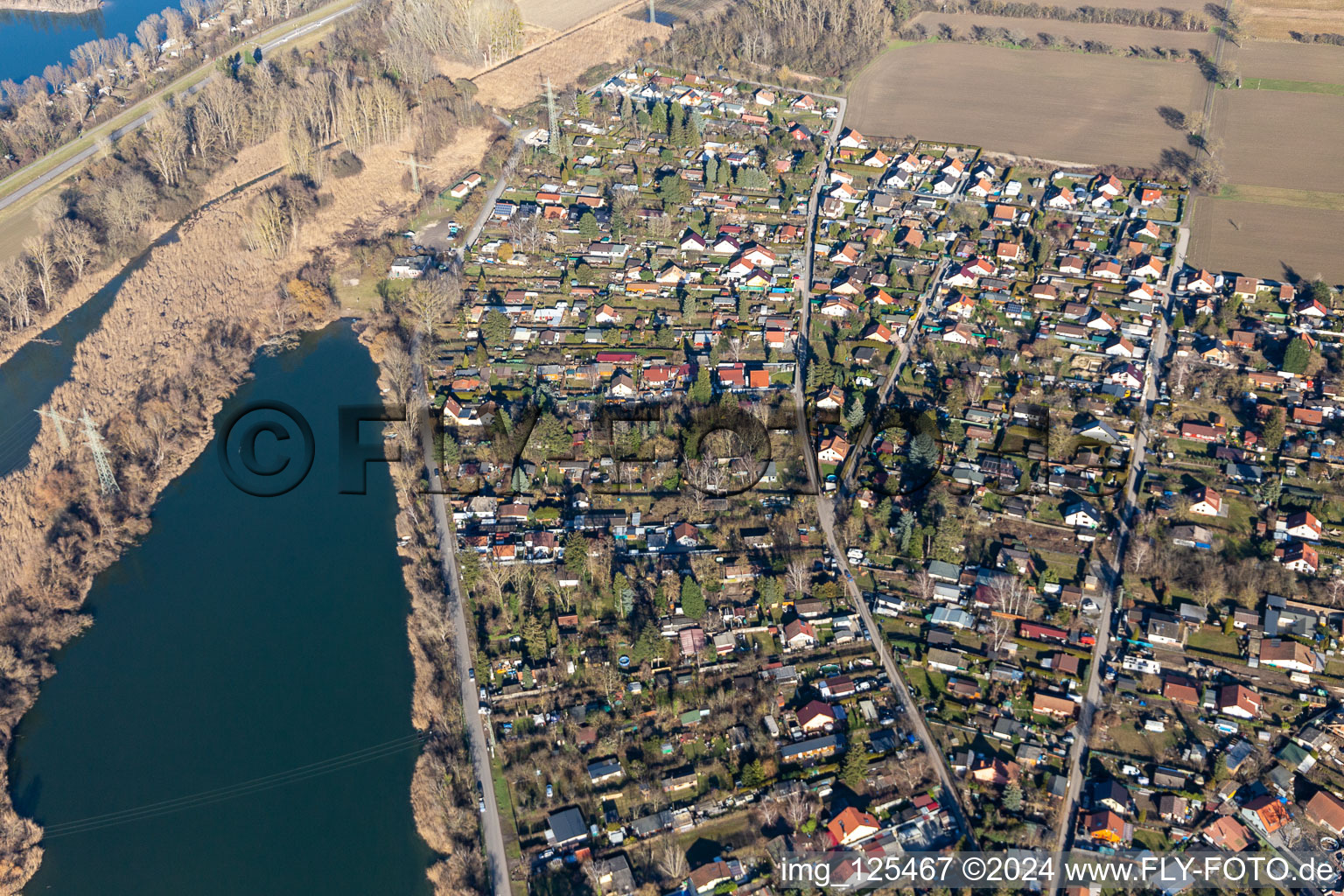 Vue aérienne de Zone de loisirs du Vieux Rhin et de l'Adriatique bleue de Neuhofen à Altrip dans le département Rhénanie-Palatinat, Allemagne