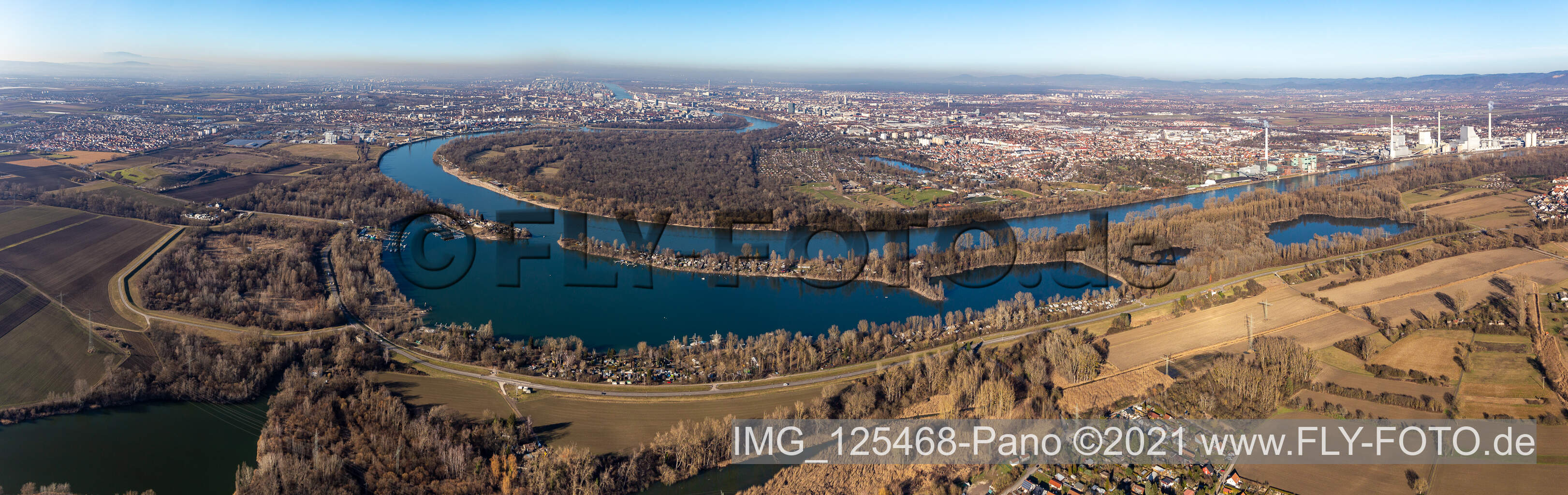 Vue aérienne de Perspective panoramique de la boucle des berges autour du Reißinsel près de Neckarau sur le Rhin - cours fluvial à le quartier Niederfeld in Mannheim dans le département Bade-Wurtemberg, Allemagne
